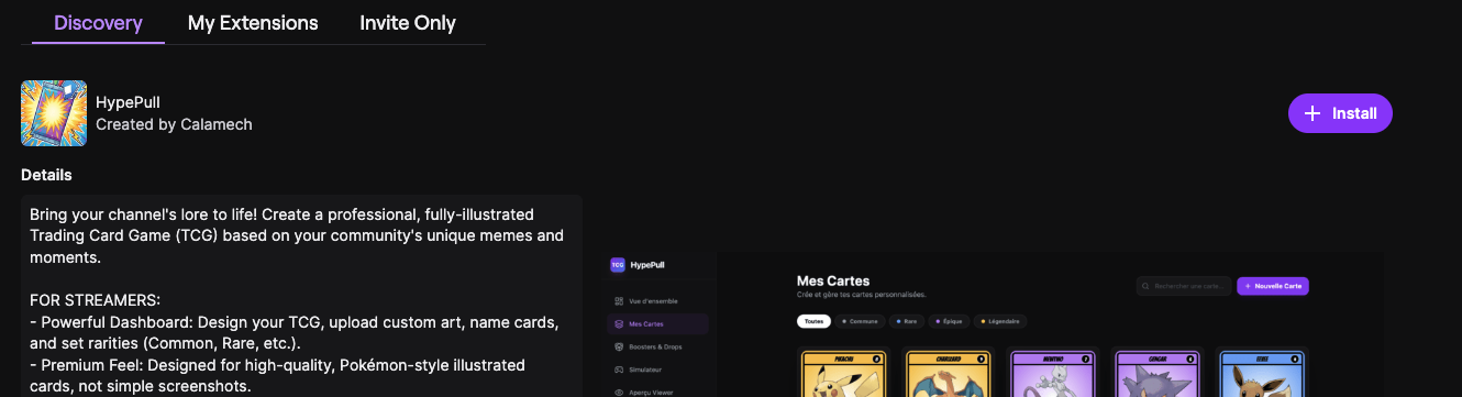 The HypePull extension page on Twitch with the Install button in the top-right corner