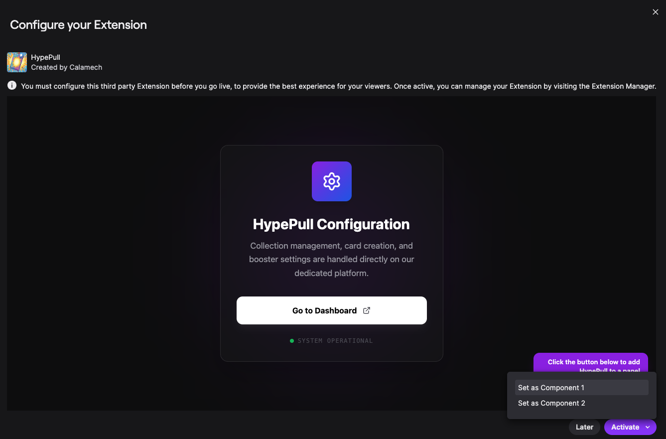 The Twitch extension configuration modal with the Set as Component 1 option